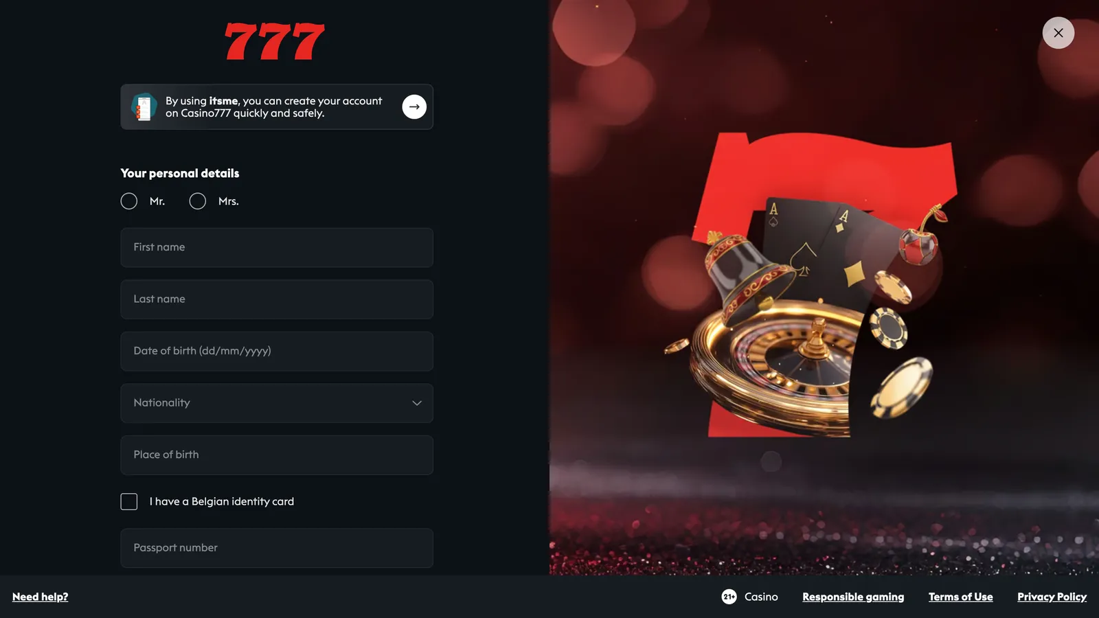 Formularz rejestracji nowego konta gracza w serwisie 777 Casino